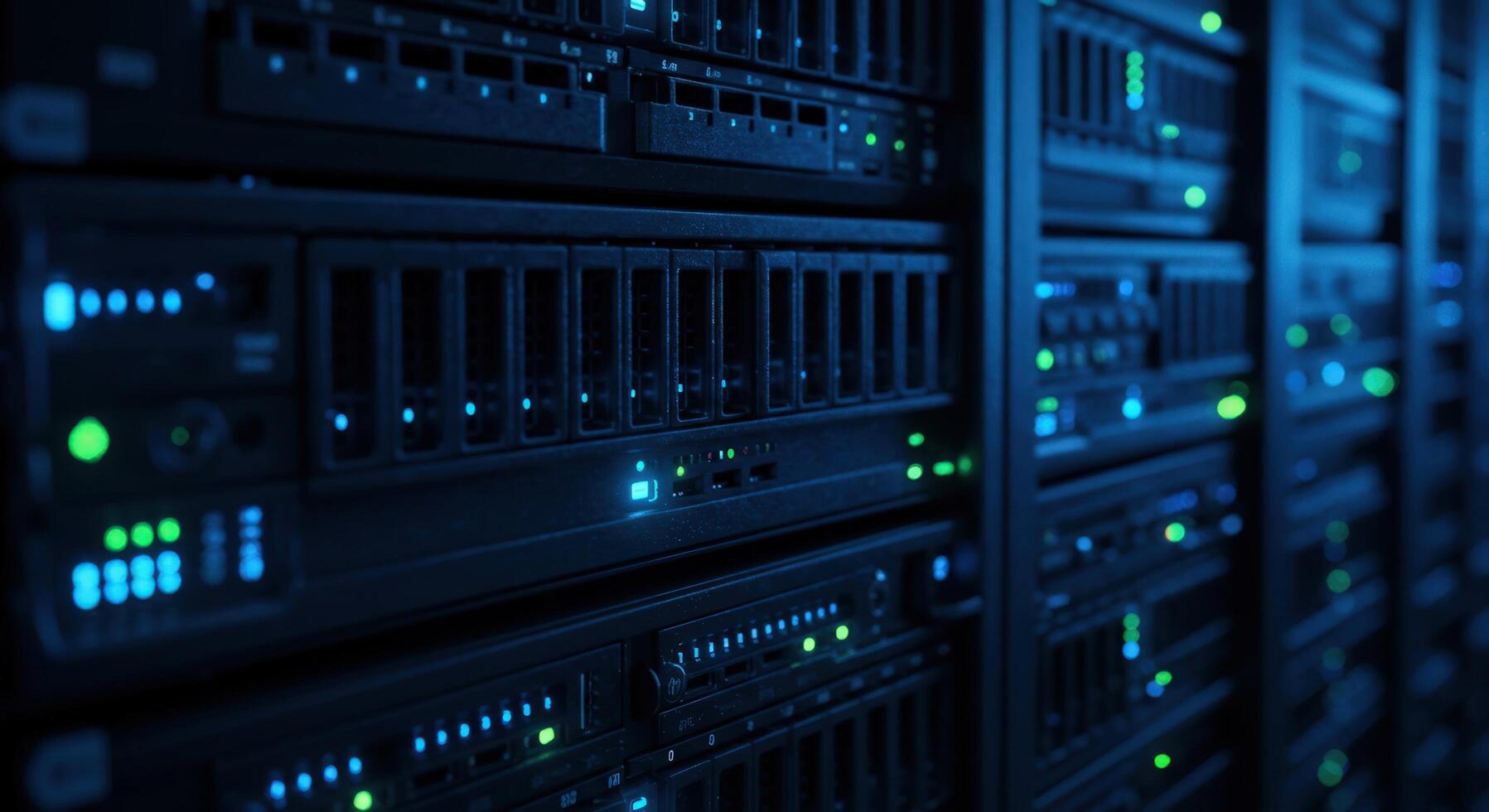 Server racks hosting data storage and network connectivity in dark environment photo