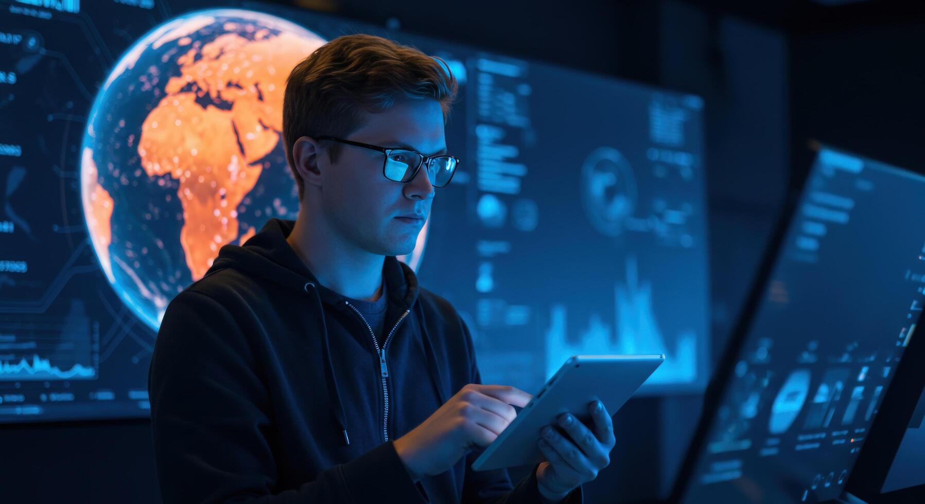 Data analysis with digital tablet and global data visualization photo