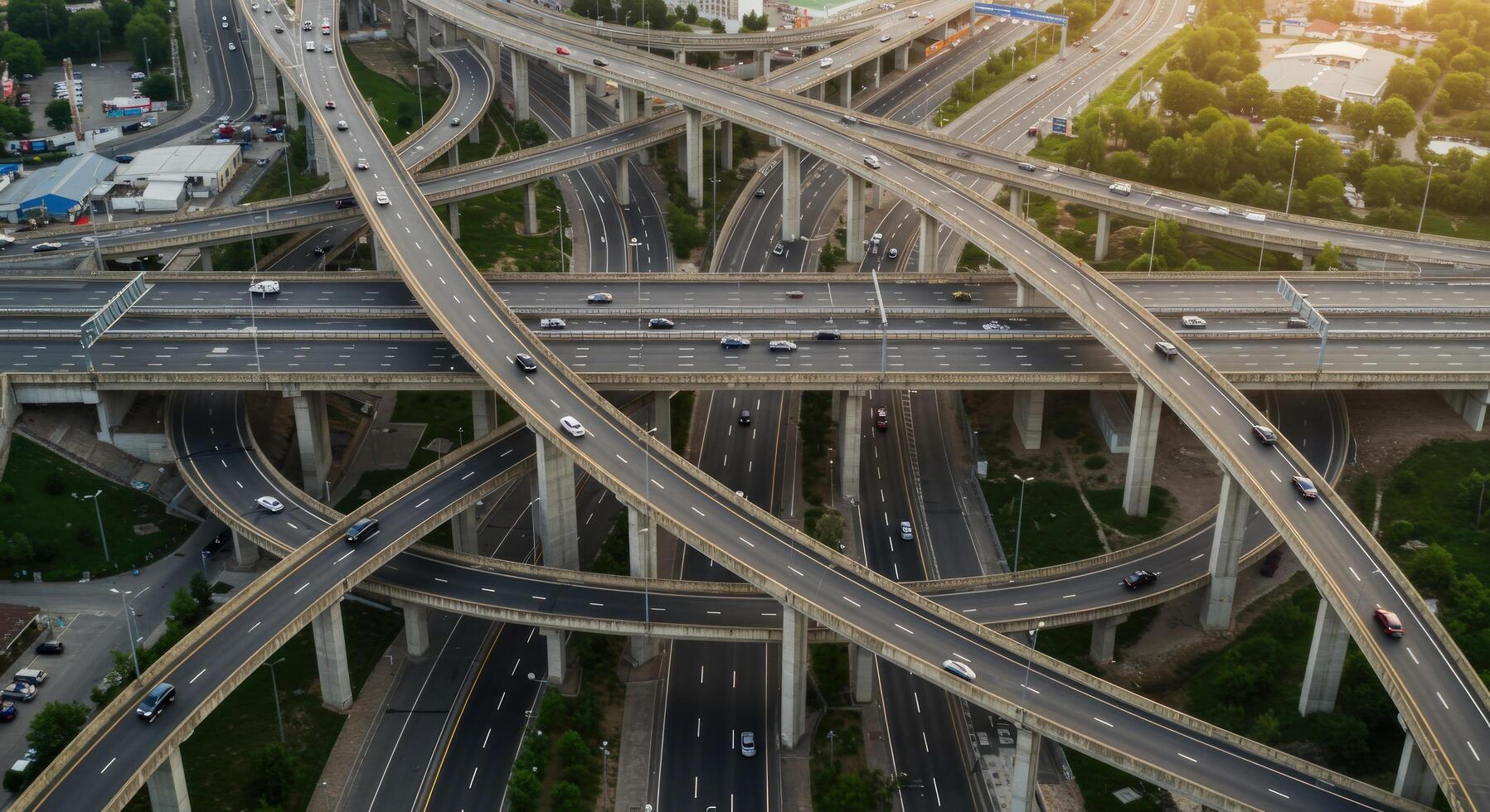 Aerial view of complex highway overpass intersection with traffic photo