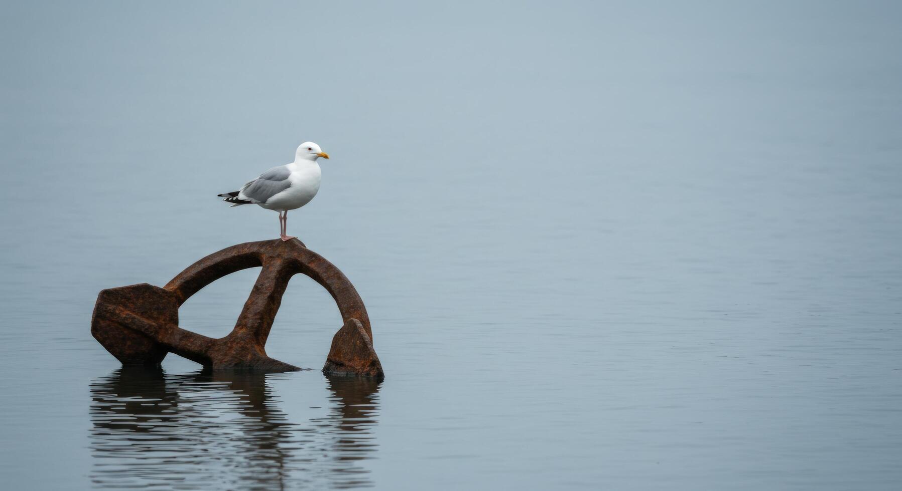 Seagull perched on a rusty anchor in water scenery photo