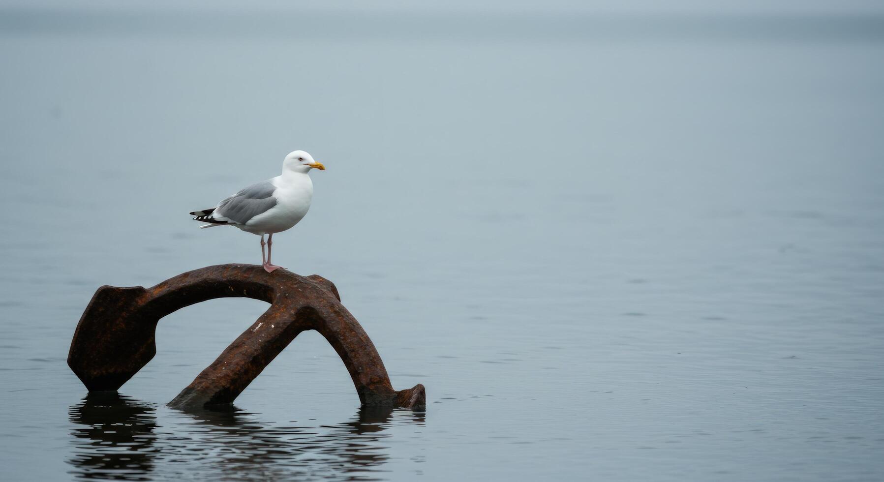 Seagull perched on an old anchor in water photo