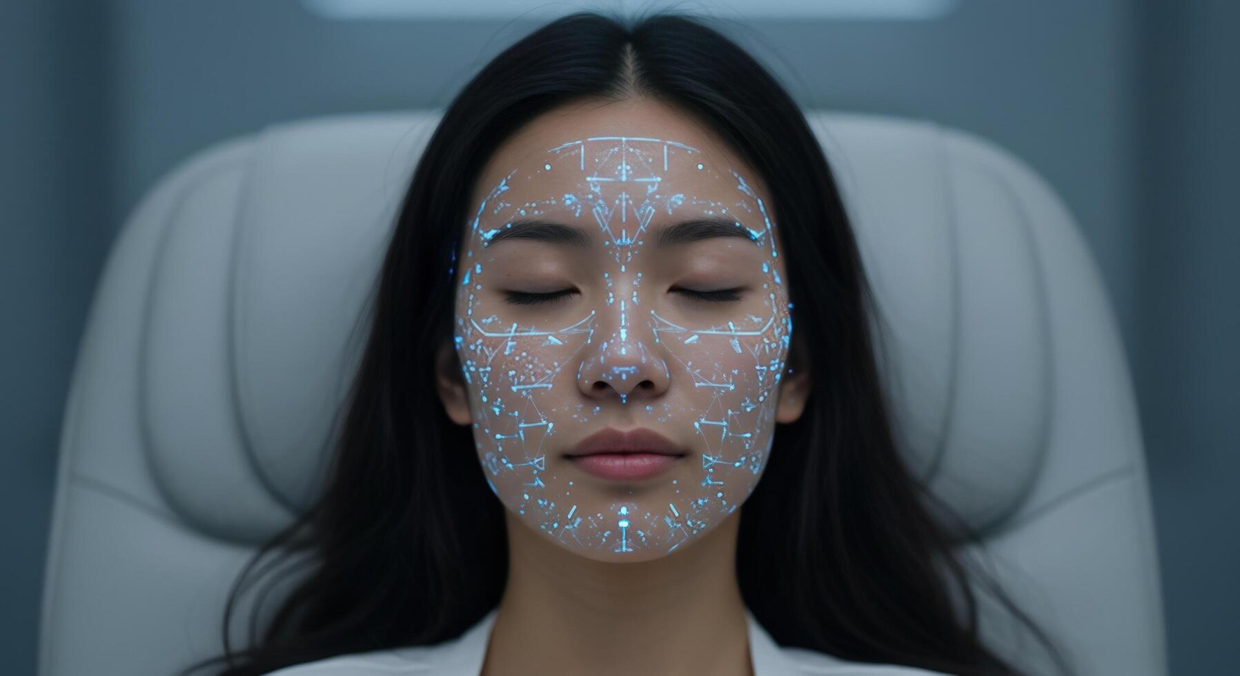 Facial recognition scan on asian woman face for authentication photo