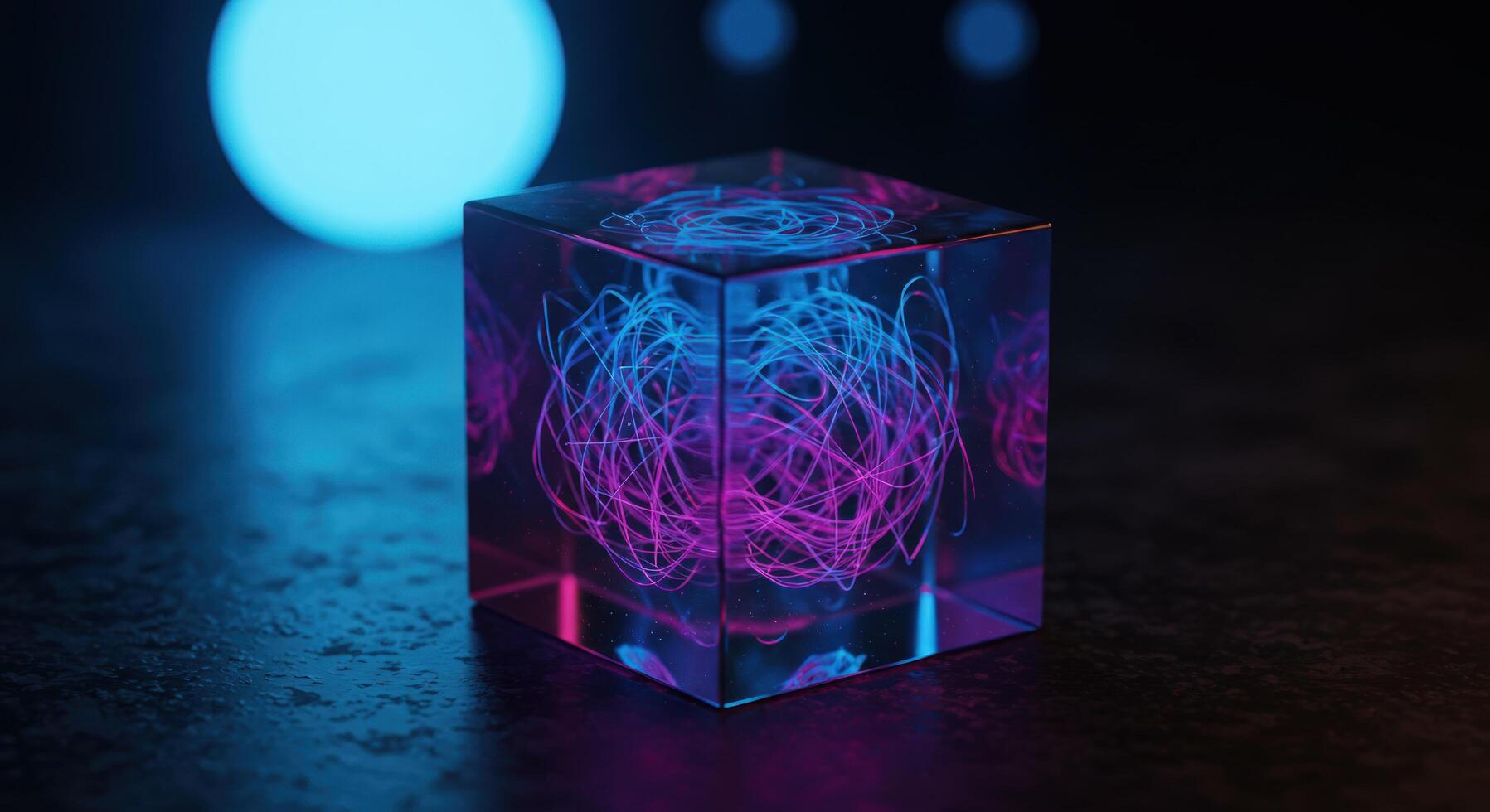 Geometric cube with abstract lines in dark environment photo