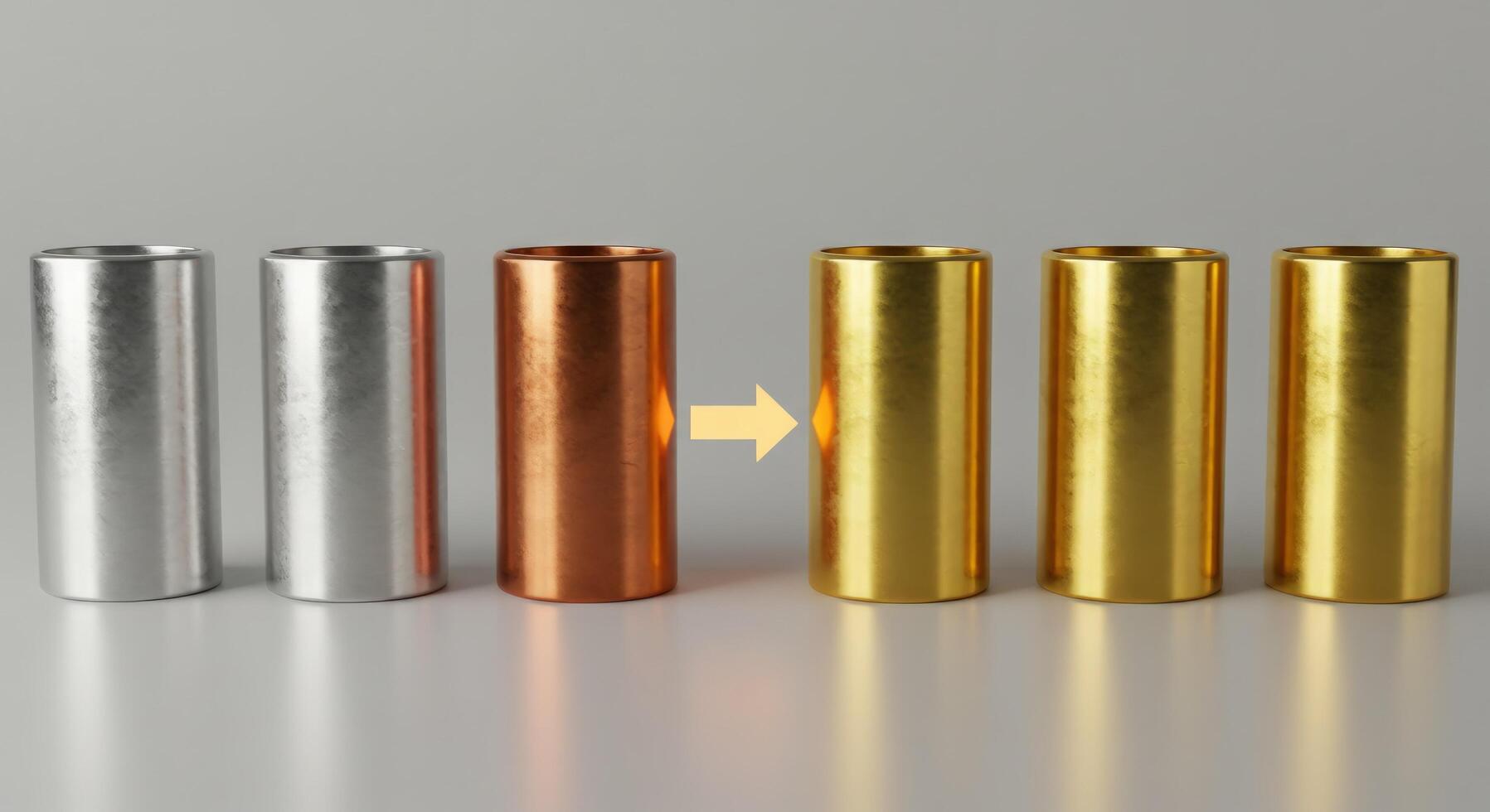Metal transformation concept shiny silver copper to gold cylinders with arrow photo