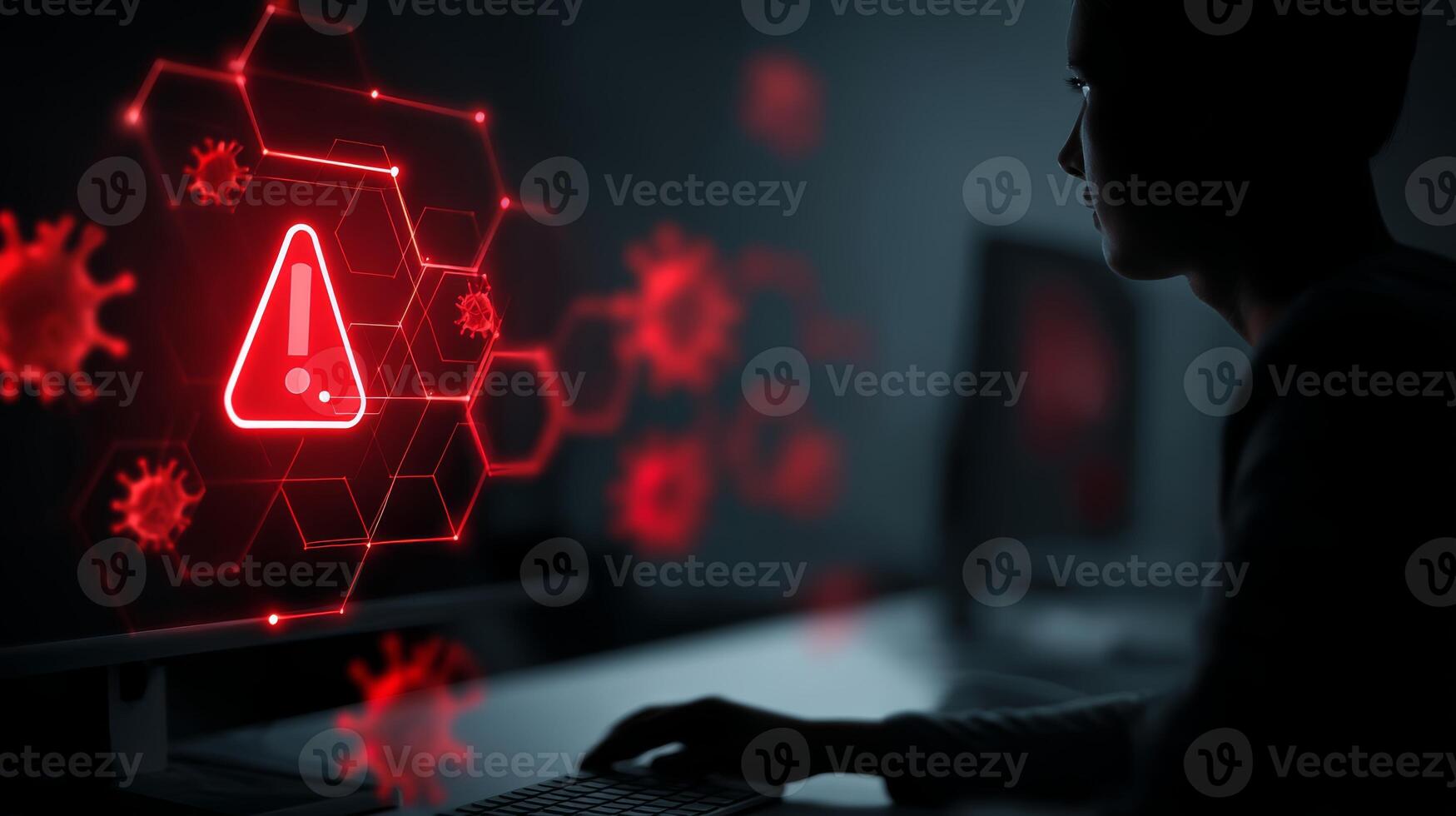 Cyber security threat detection and prevention system with red warning alert on computer screen one hundred photo