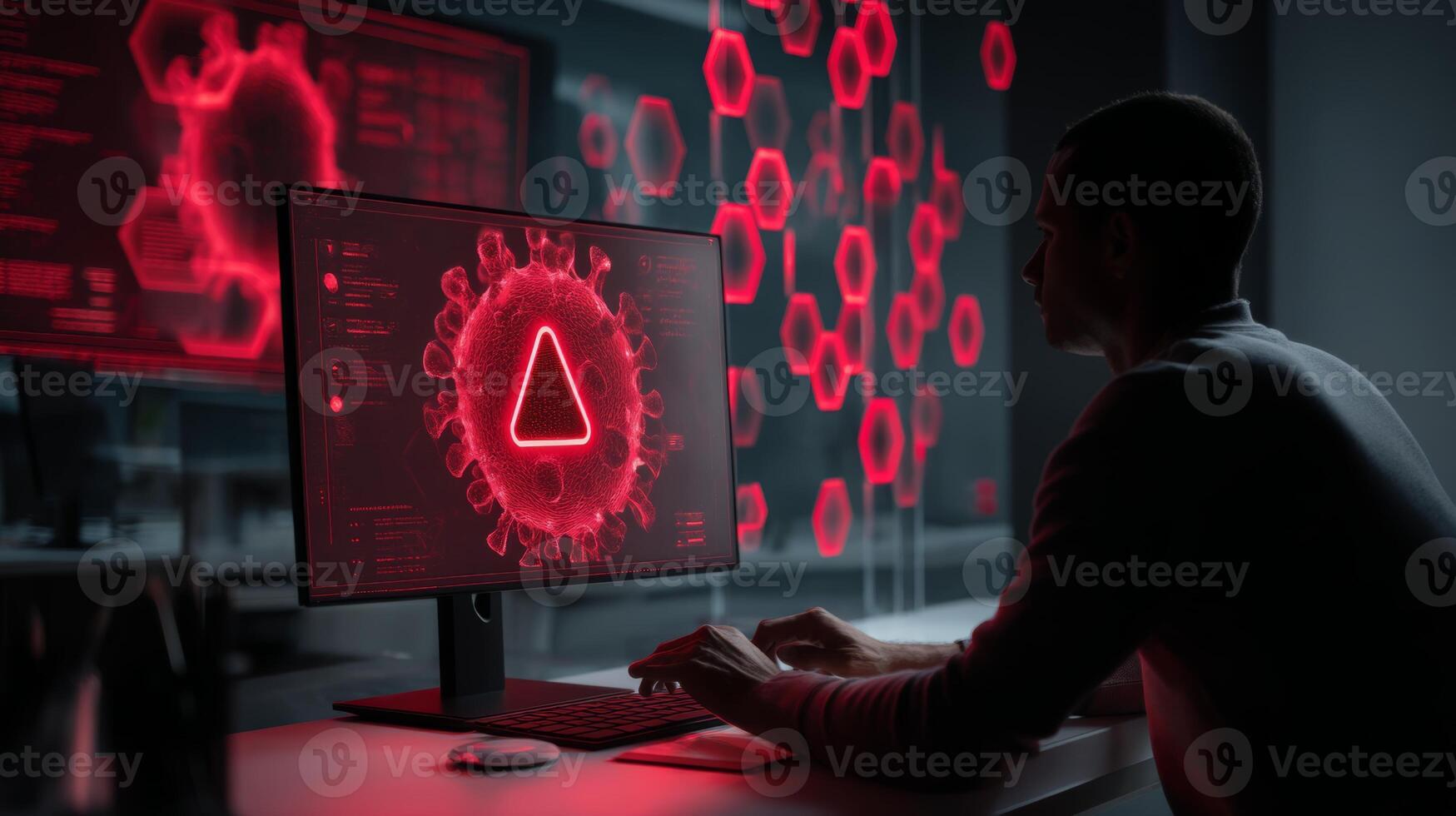 Cybersecurity threat detection system alert on computer screen for data breach prevention and analysis photo