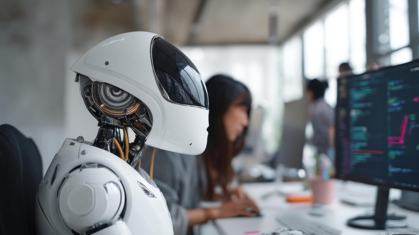 Ai robot working in office automation concept for future technology and artificial intelligence system photo