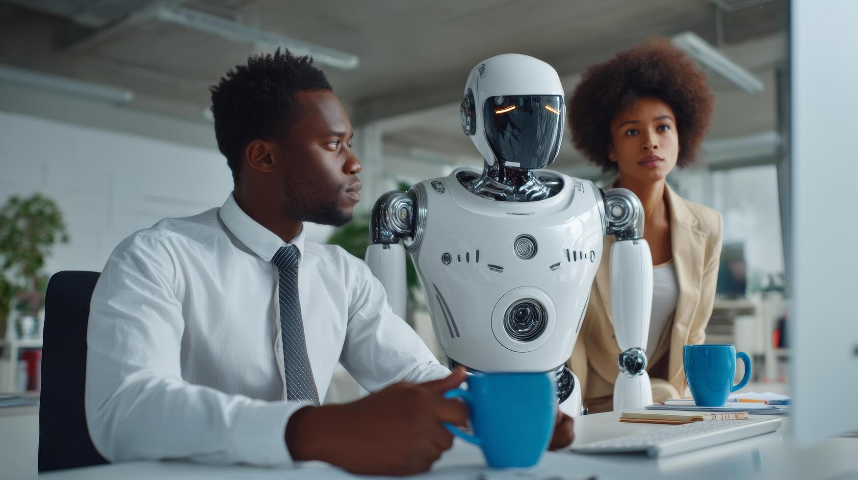 Human and robot collaboration in office workspace future of work ai automation workplace diversity concept photo