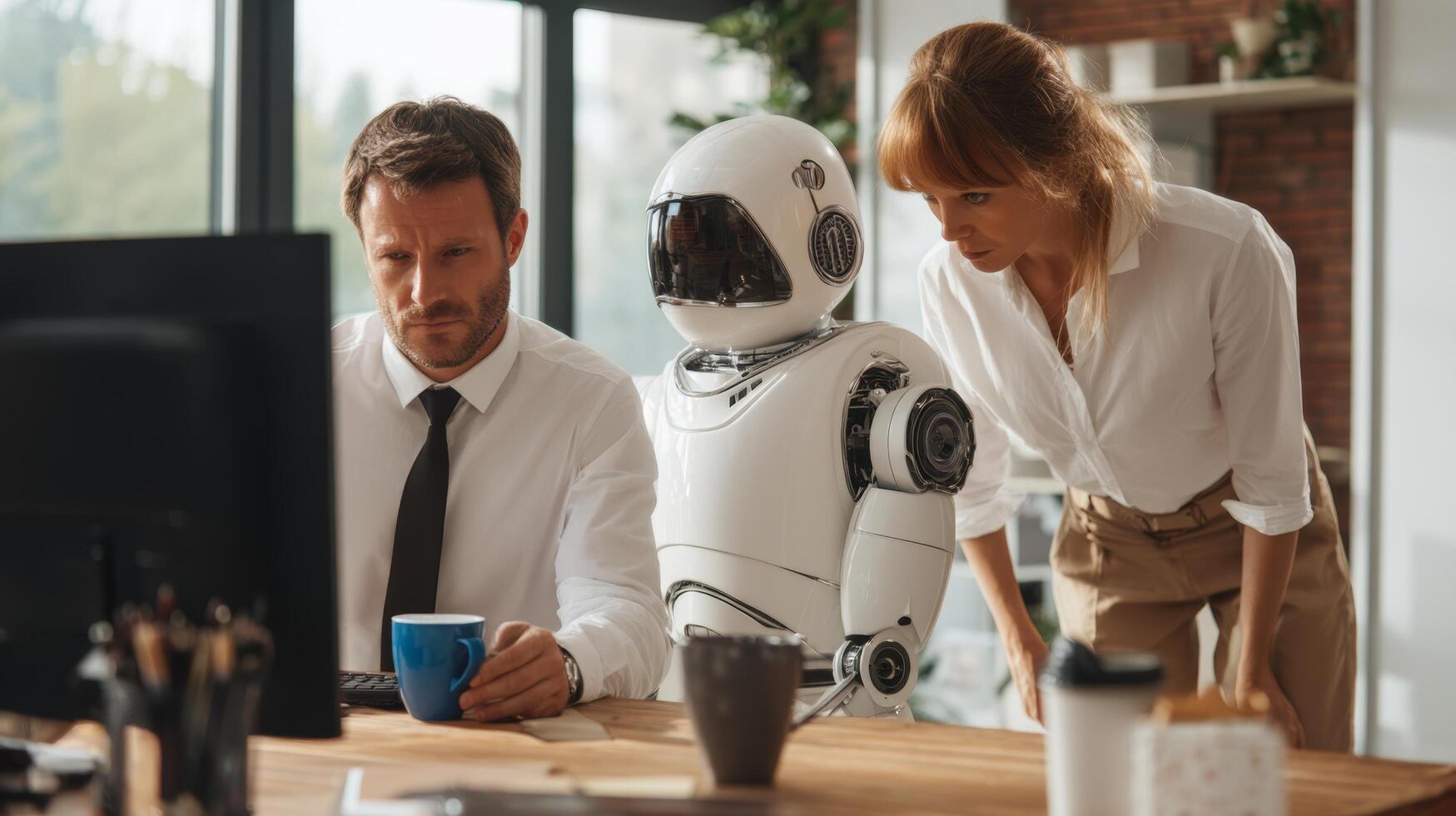 Human resources team collaborating with robot ai in modern office for automation and efficiency gains photo