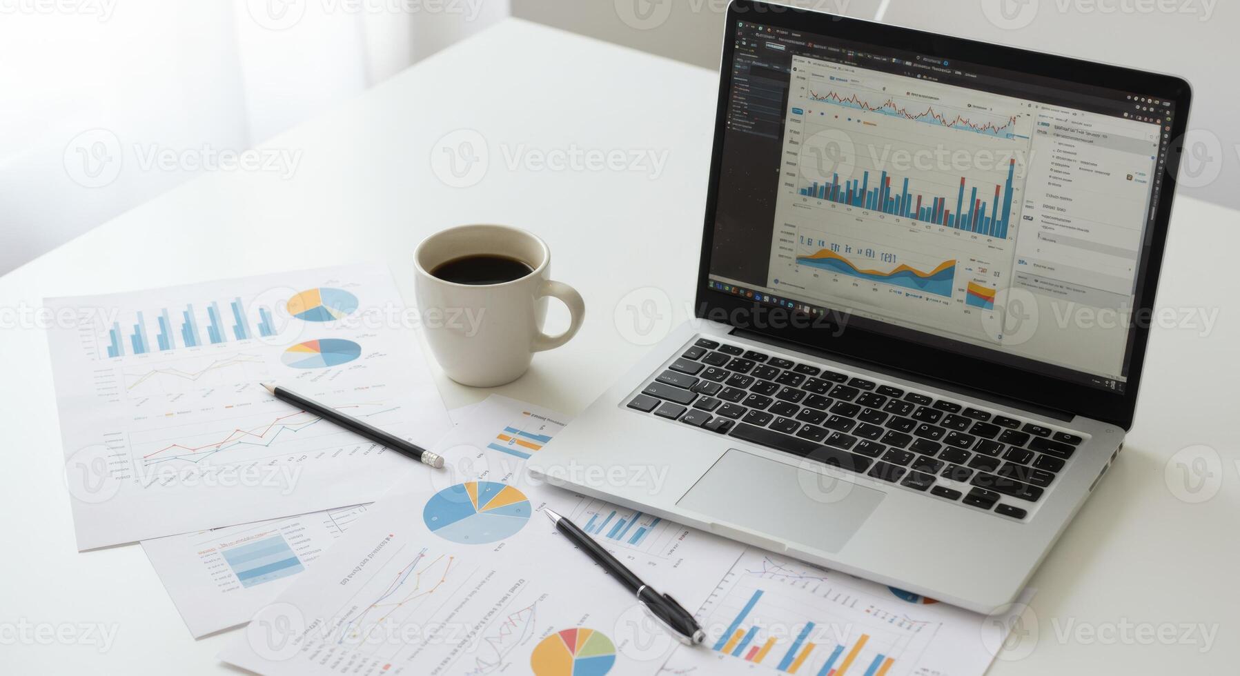 Business analytics charts and laptop with coffee on desk for data analysis and financial reporting photo