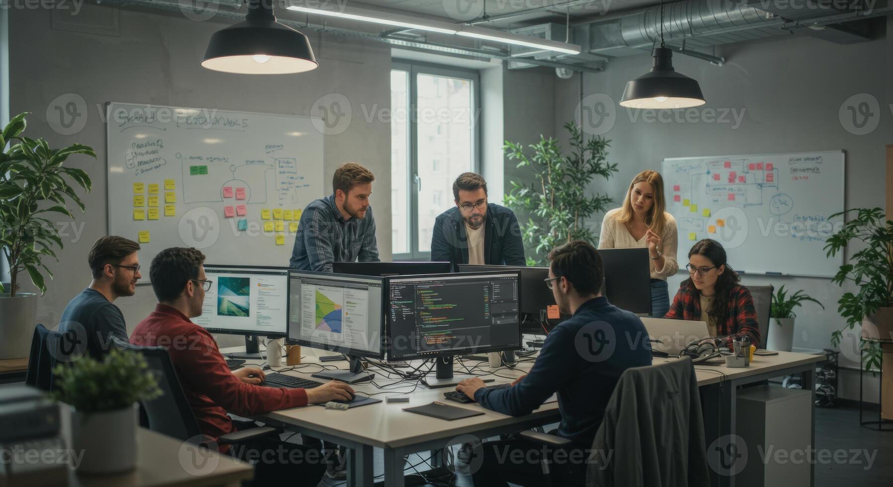 software desarrolladores equipo colaboración reunión en moderno oficina programación código revisión y discusión foto