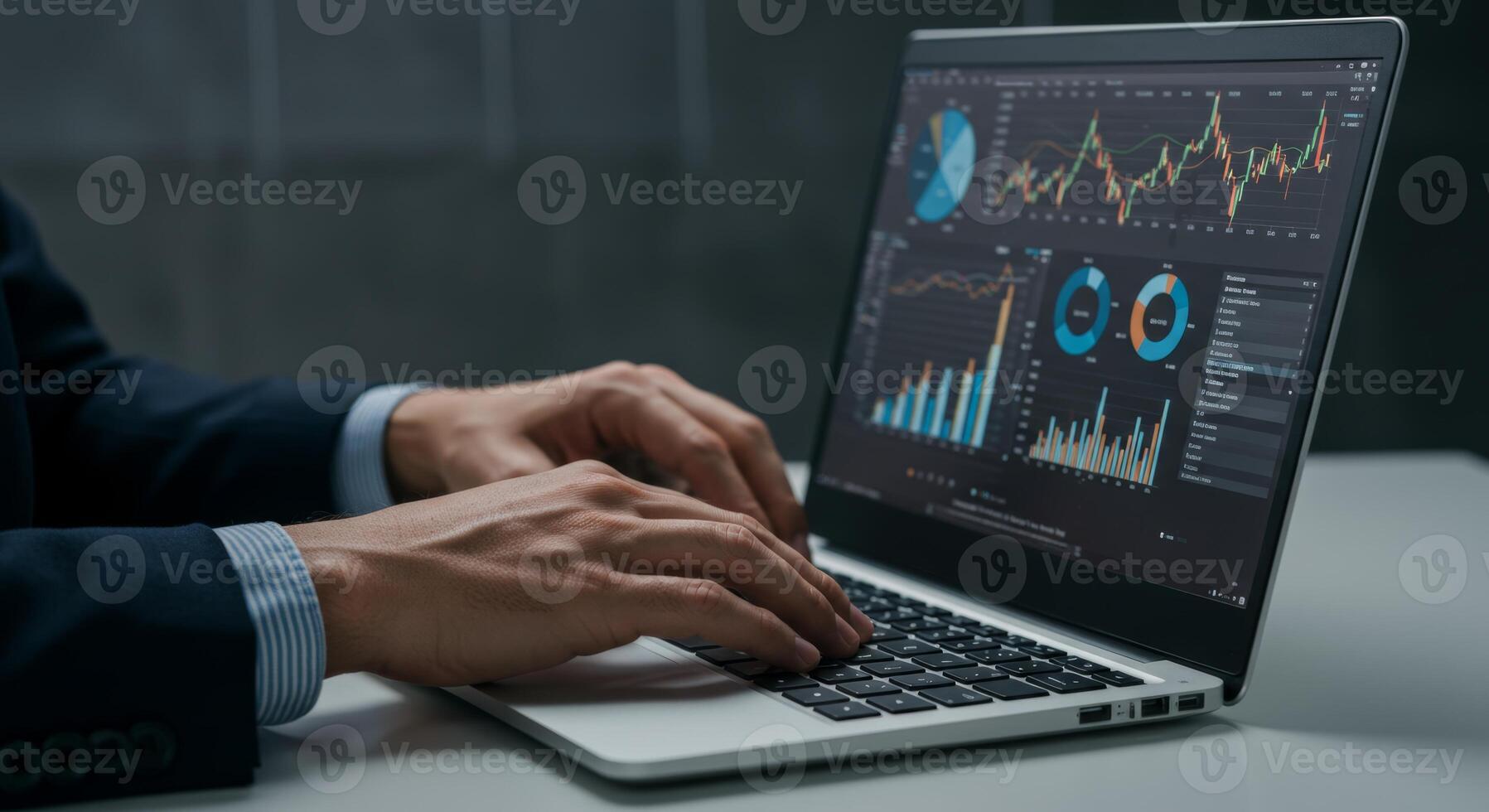 Business analyst analyzing financial data charts and graphs on laptop for stock market analysis photo