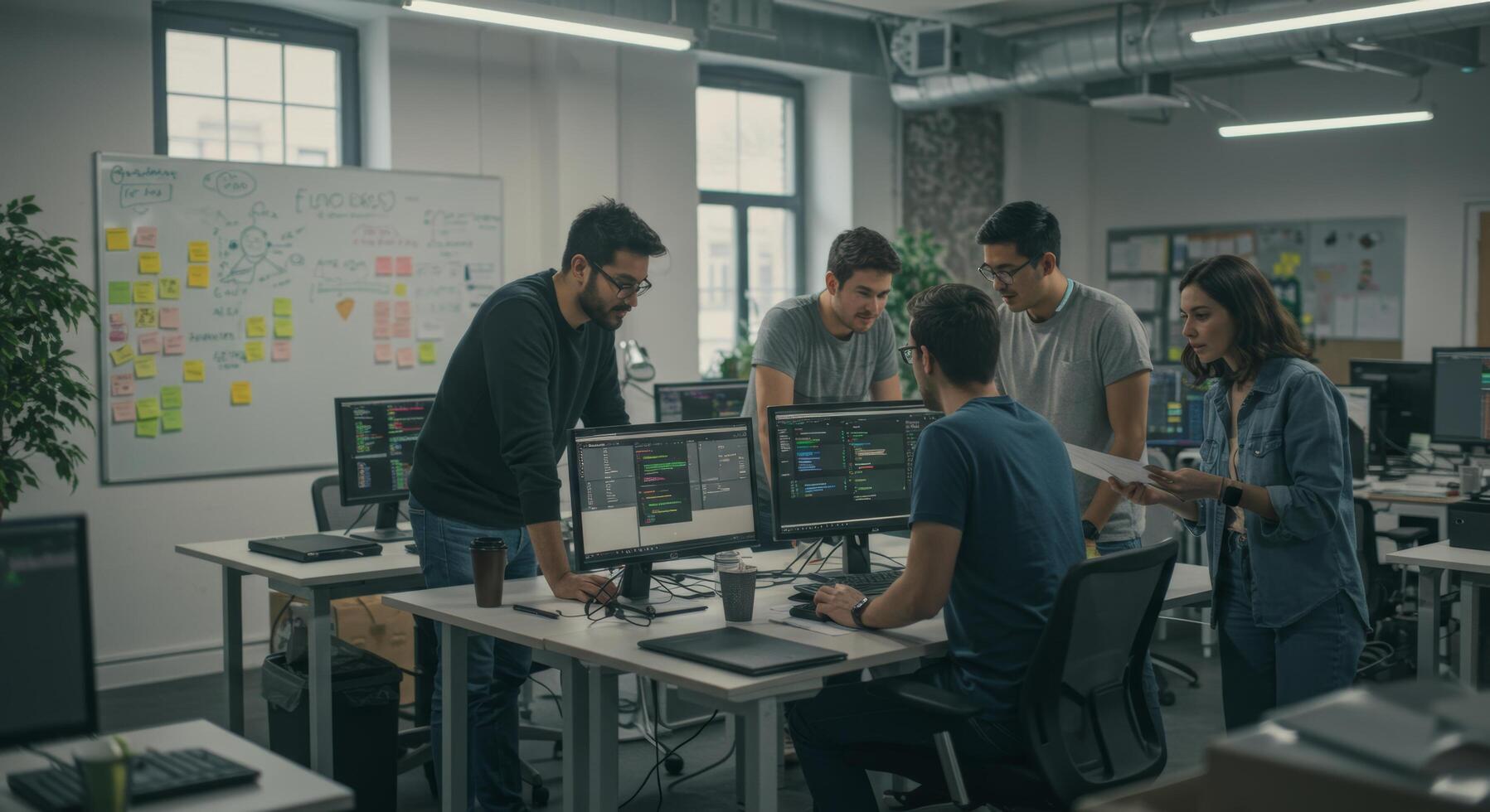 Software development team collaboration coding review meeting agile workspace it company project planning photo