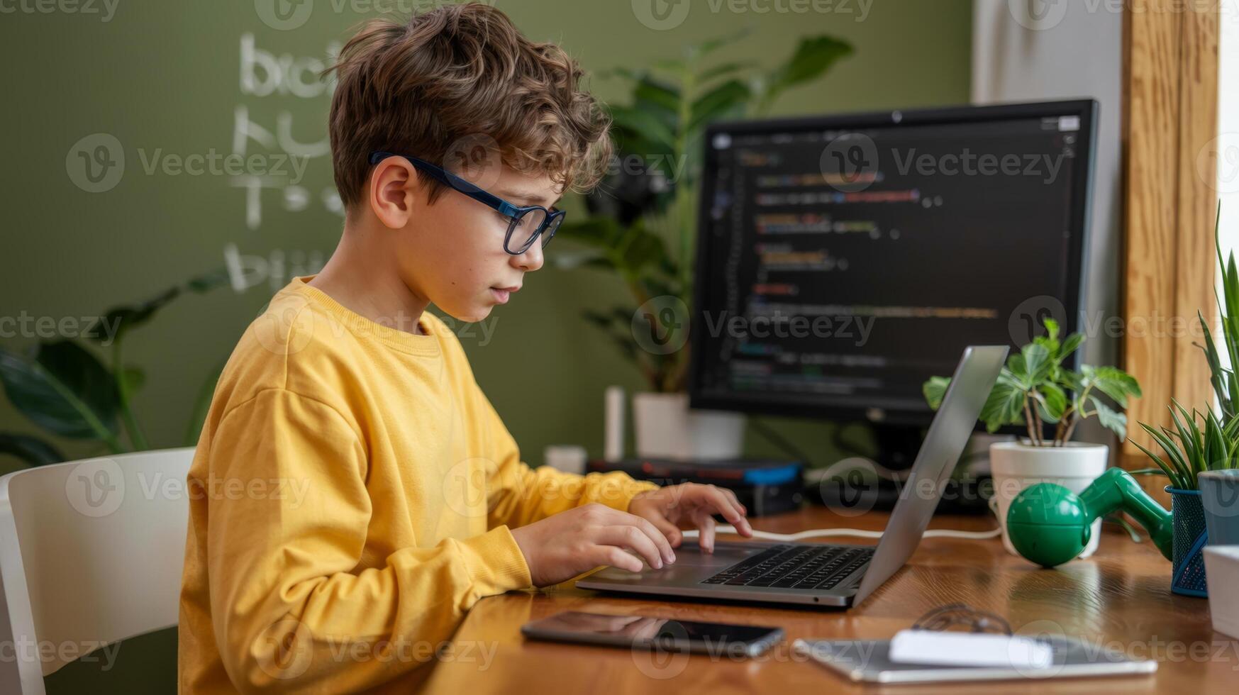 Young programmer coding on laptop computer at home learning software development and technology skills photo