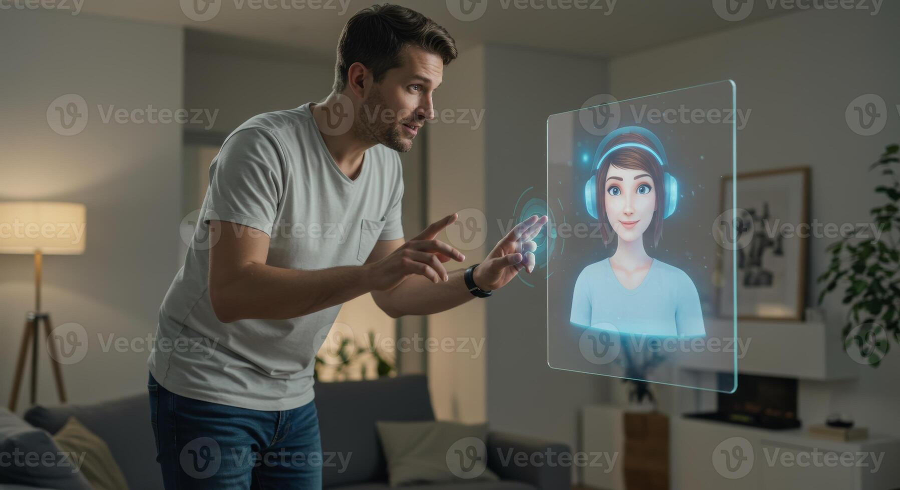 Man interacting with holographic ai assistant future technology virtual reality interface concept design photo