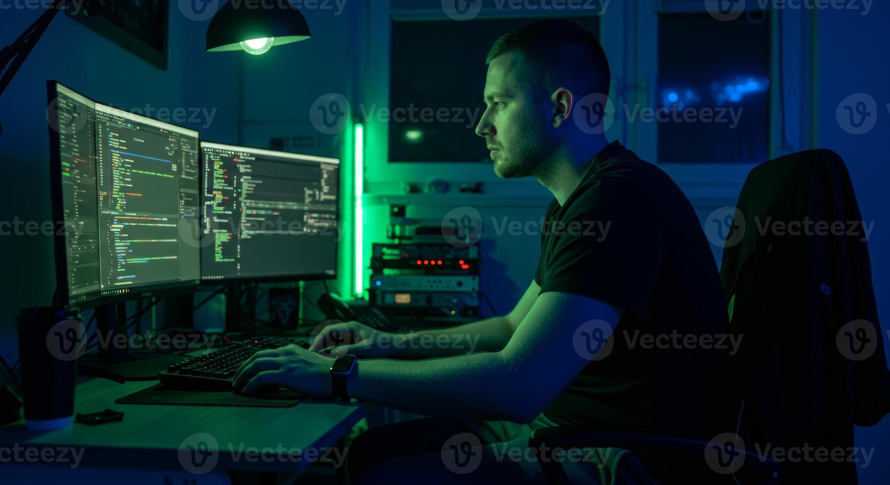 Man coding software developer programmer working on computer at night home office technology job career photo