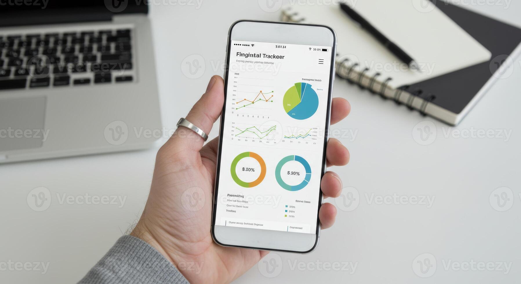 Financial tracker app on mobile phone showing charts and data for investment management analysis photo