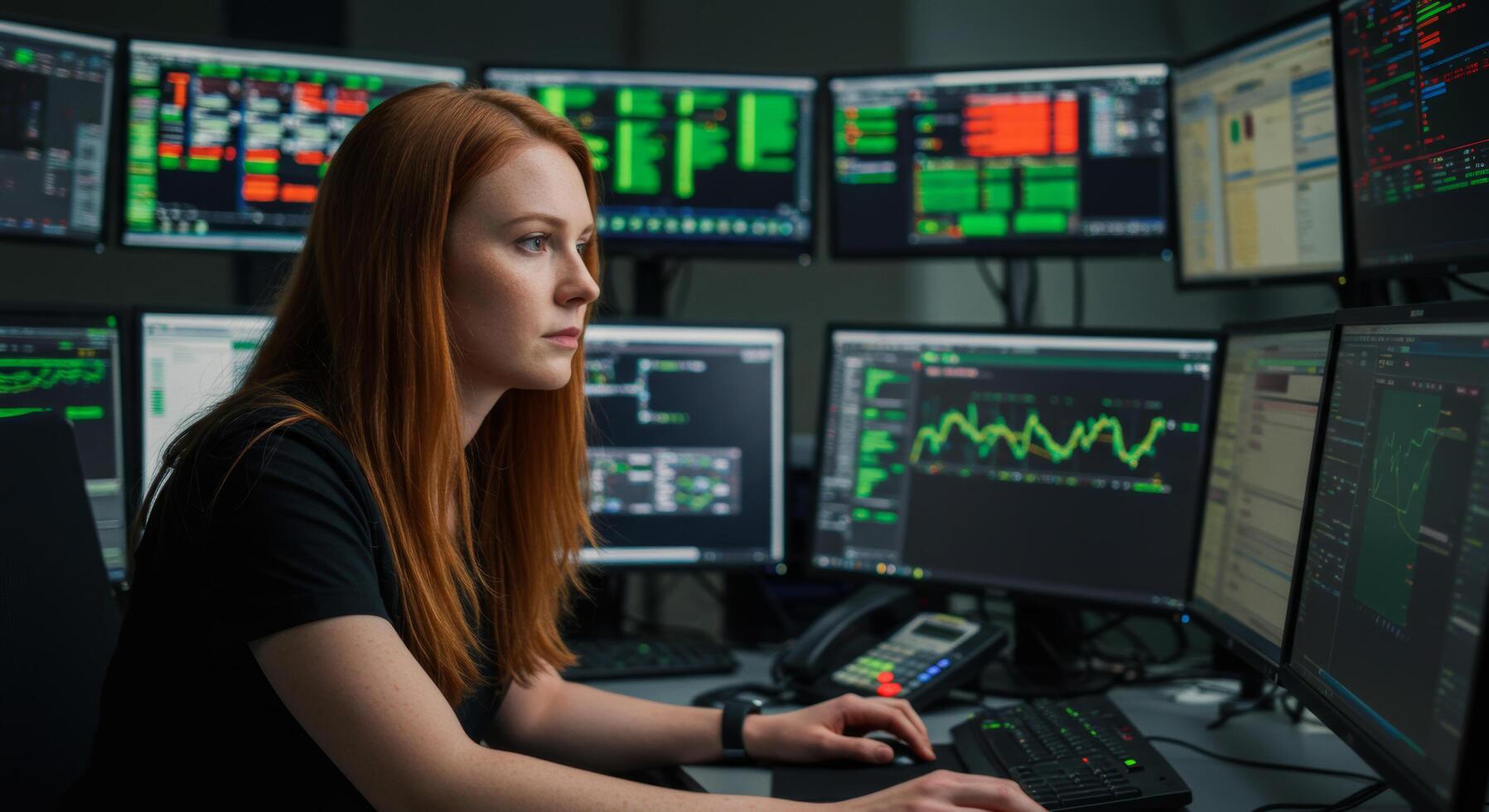 Focused female programmer working late, analyzing data on multiple monitors in a dark, modern office. photo