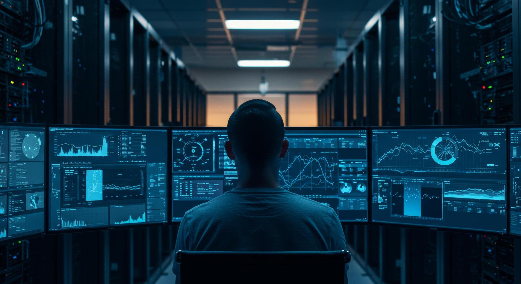 Data Analyst Monitoring Server Room Nighttime View of Multiple Screens Displaying Complex Financial Charts and Graphs. photo