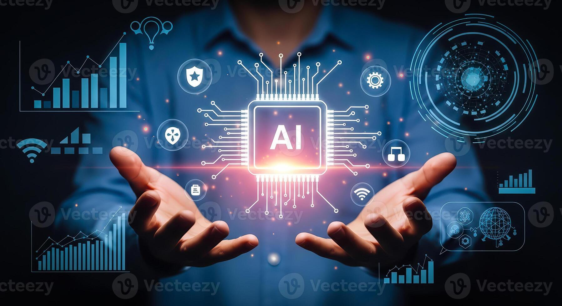 Person presenting an AI chip with data visualizations, representing digital innovation and future technology. photo