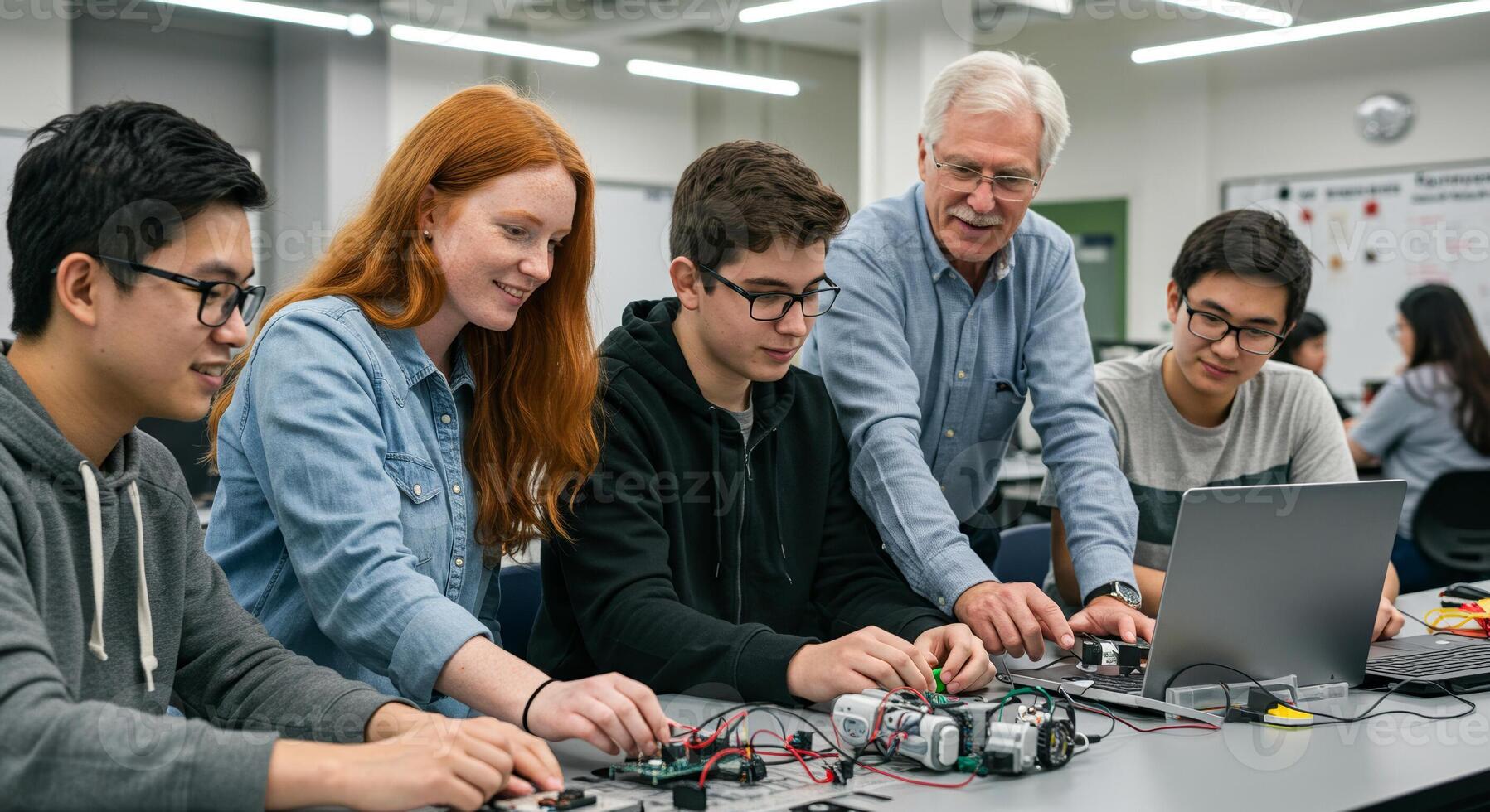Students and professor work together on a robotics project in a university classroom. photo
