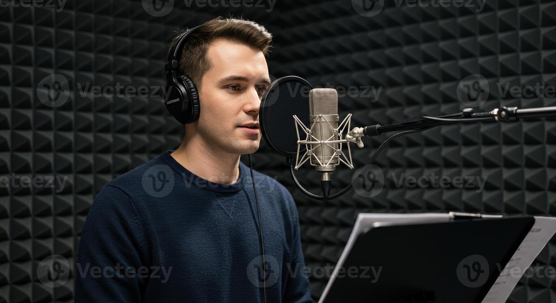 A man is recording audio in a soundproof studio, concentrating on his script and microphone. photo