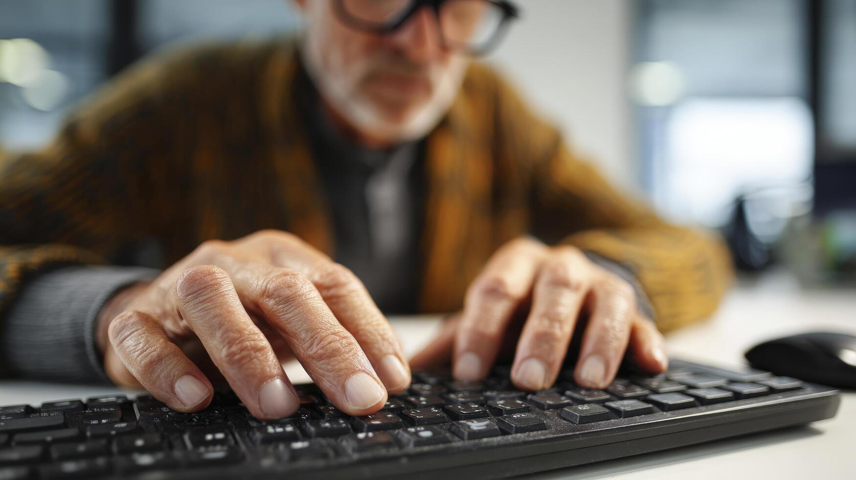 Close up of a person typing on a black computer keyboard with a mouse on a white table surface photo