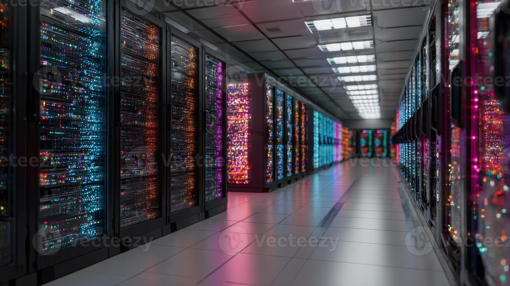 Inside a modern data center with rows of colorful servers. photo