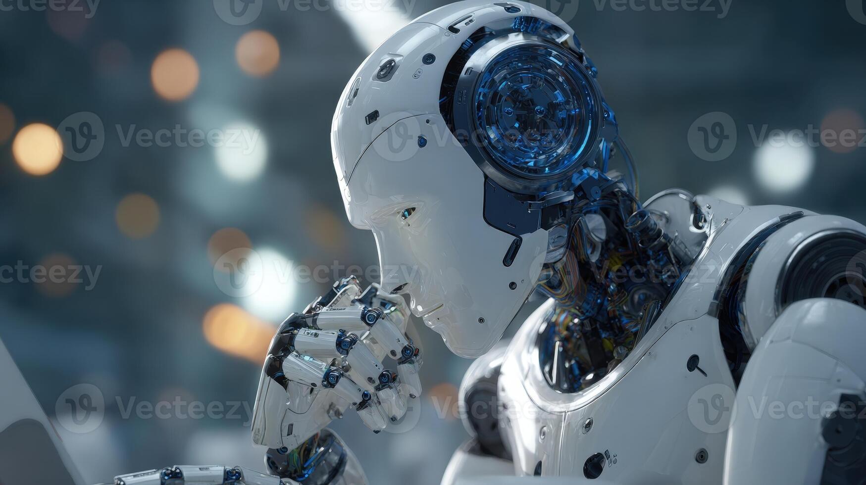 A detailed view of an intelligent robot in deep thought, a vision of the future. photo