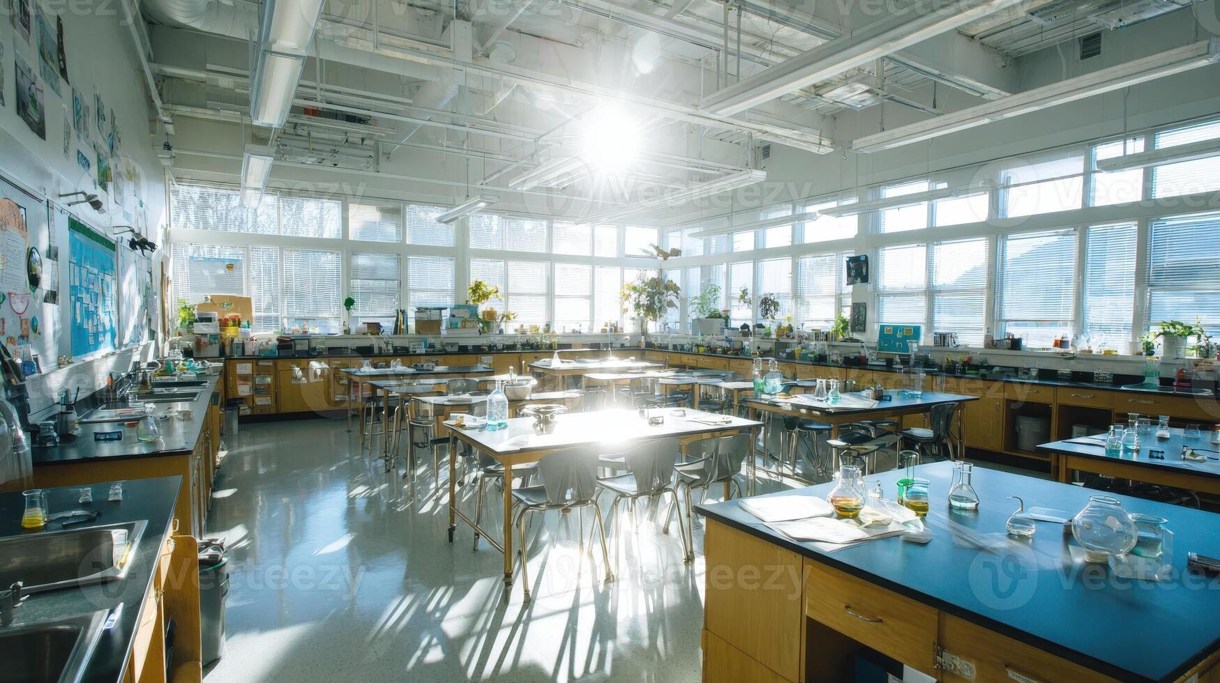 A well-lit science classroom with lab equipment ready for experiments and learning. photo
