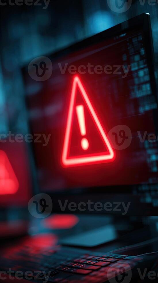 A computer screen displaying a red warning sign with a keyboard in the foreground on a dark surface photo