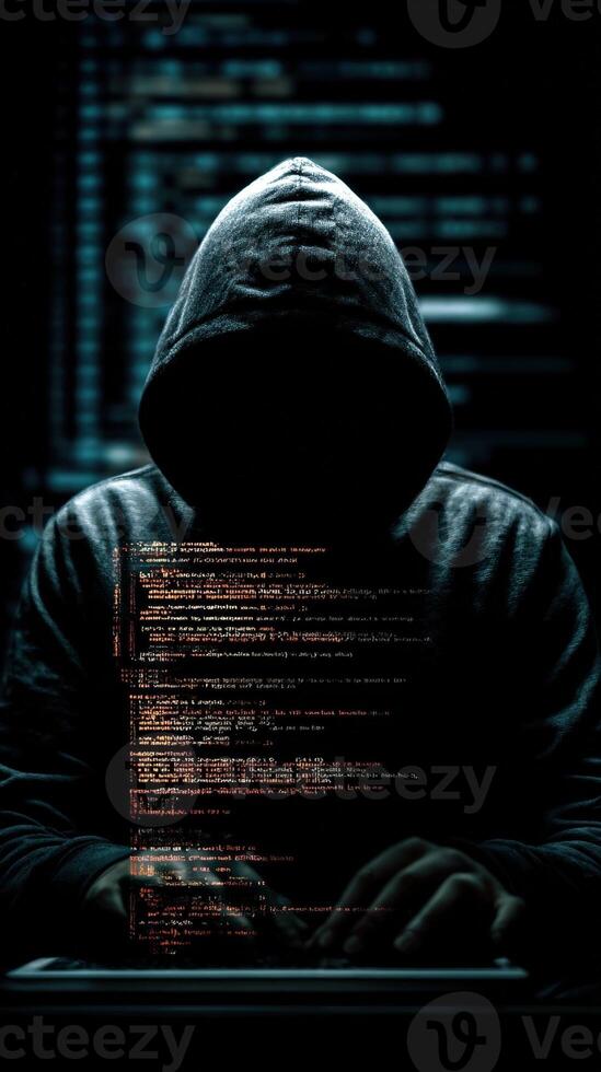 Person in a hoodie typing on a laptop with code overlayed in a dark room with a screen behind them photo