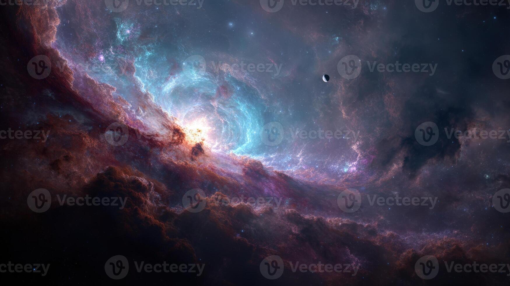A majestic view of a nebula with a planet orbiting in the vast expanse of outer space photo