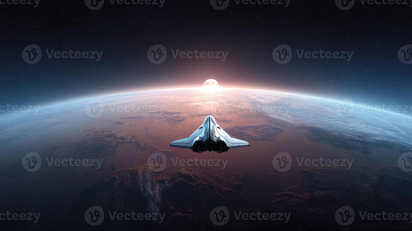 A spacecraft flying over a planet with a bright light on the horizon in outer space photo