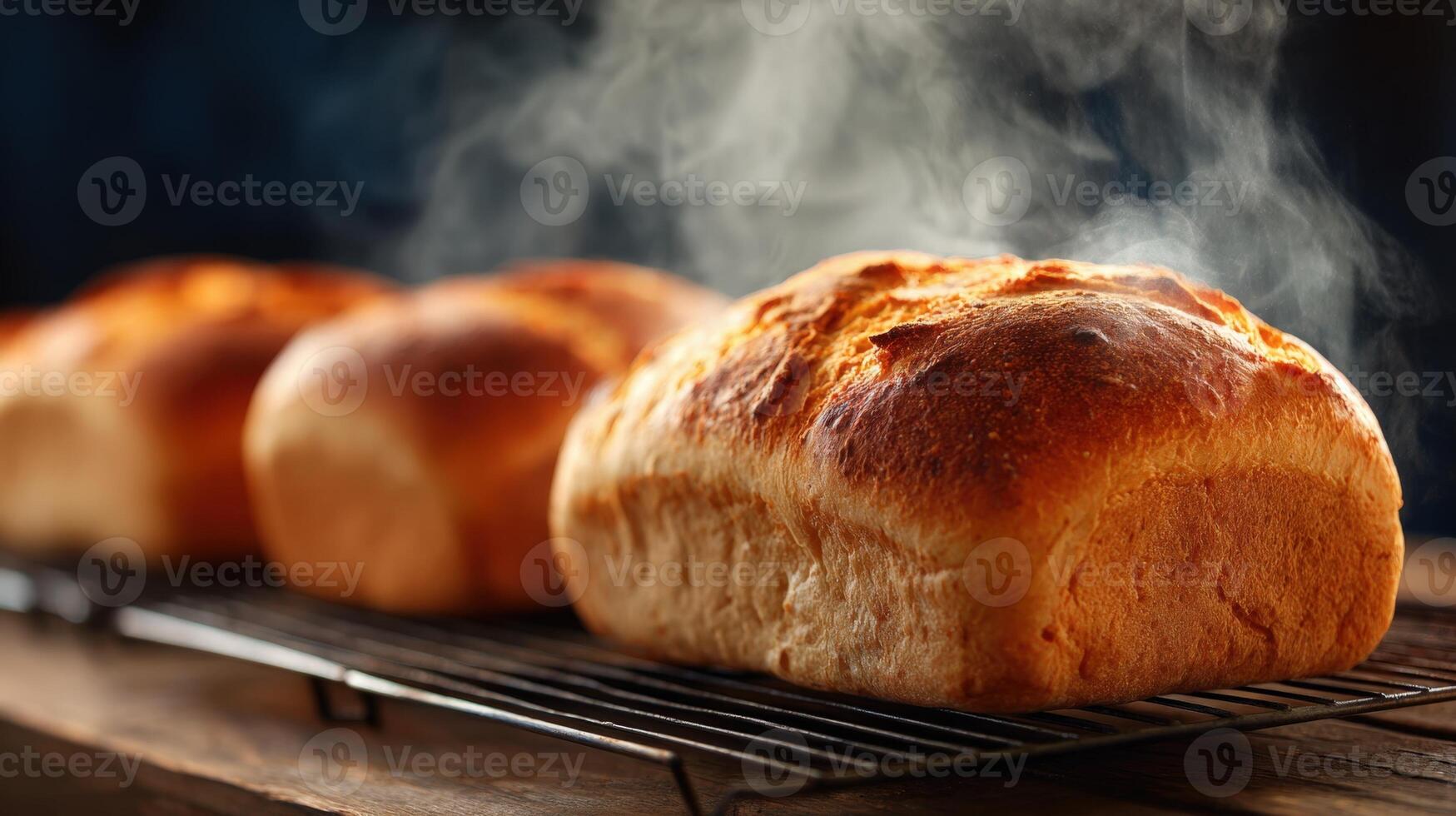 Freshly baked bread loaves cooling on a wire rack with steam rising into the air in a dark setting photo