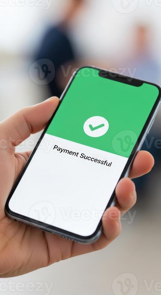 Person holding a smartphone displaying a payment successful confirmation message on the screen photo