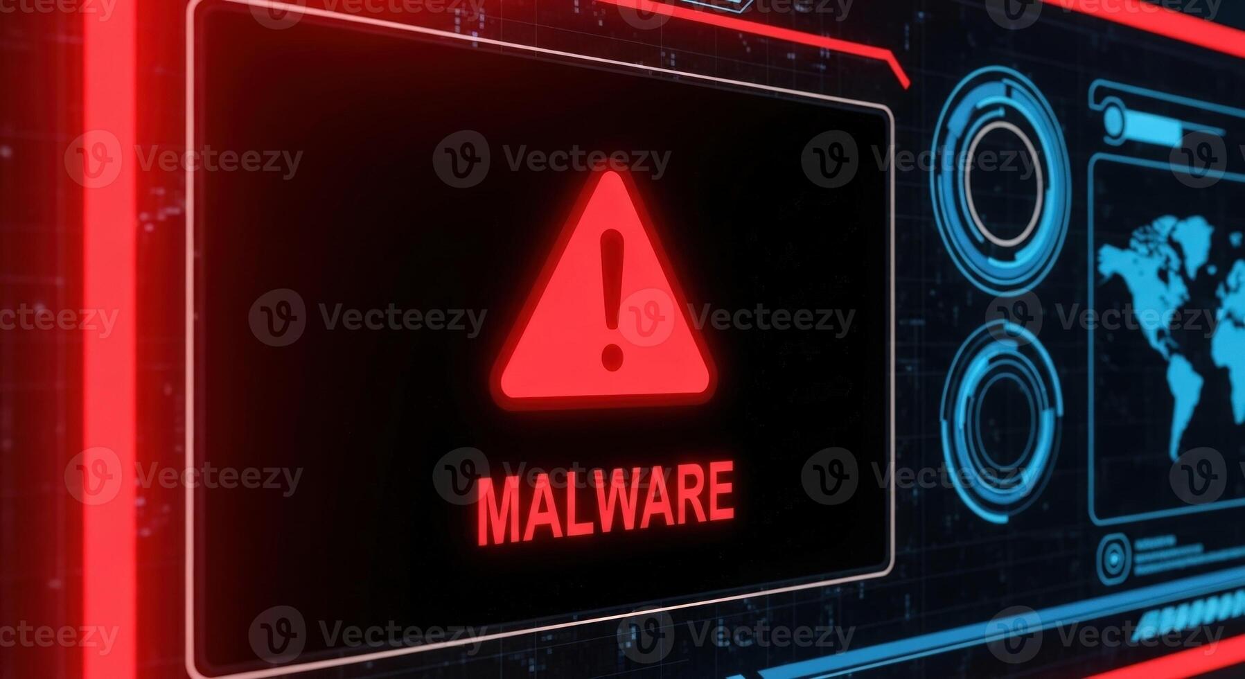 A screen displaying a red triangle alert with the word malware on a high tech interface system photo
