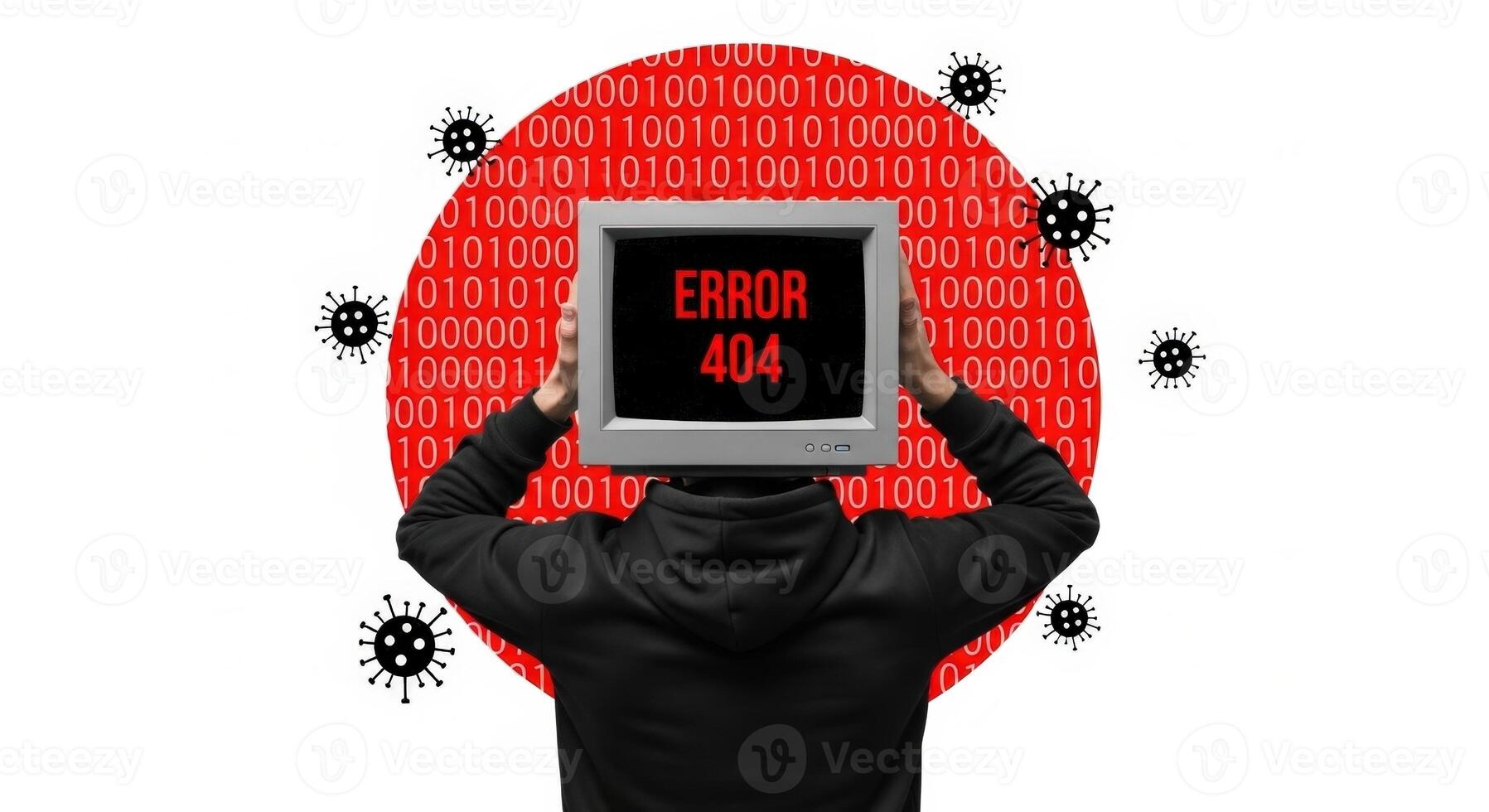 Person holding a monitor with error message in front of a binary code circle and virus icons photo