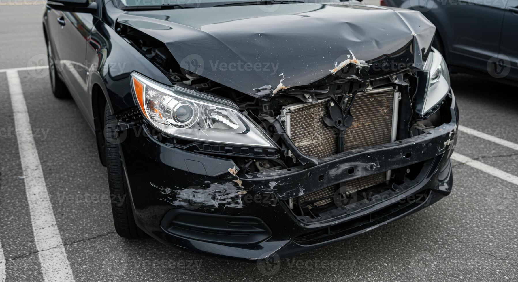 Black automobile with extensive front end damage after collision in parking lot area view from front photo