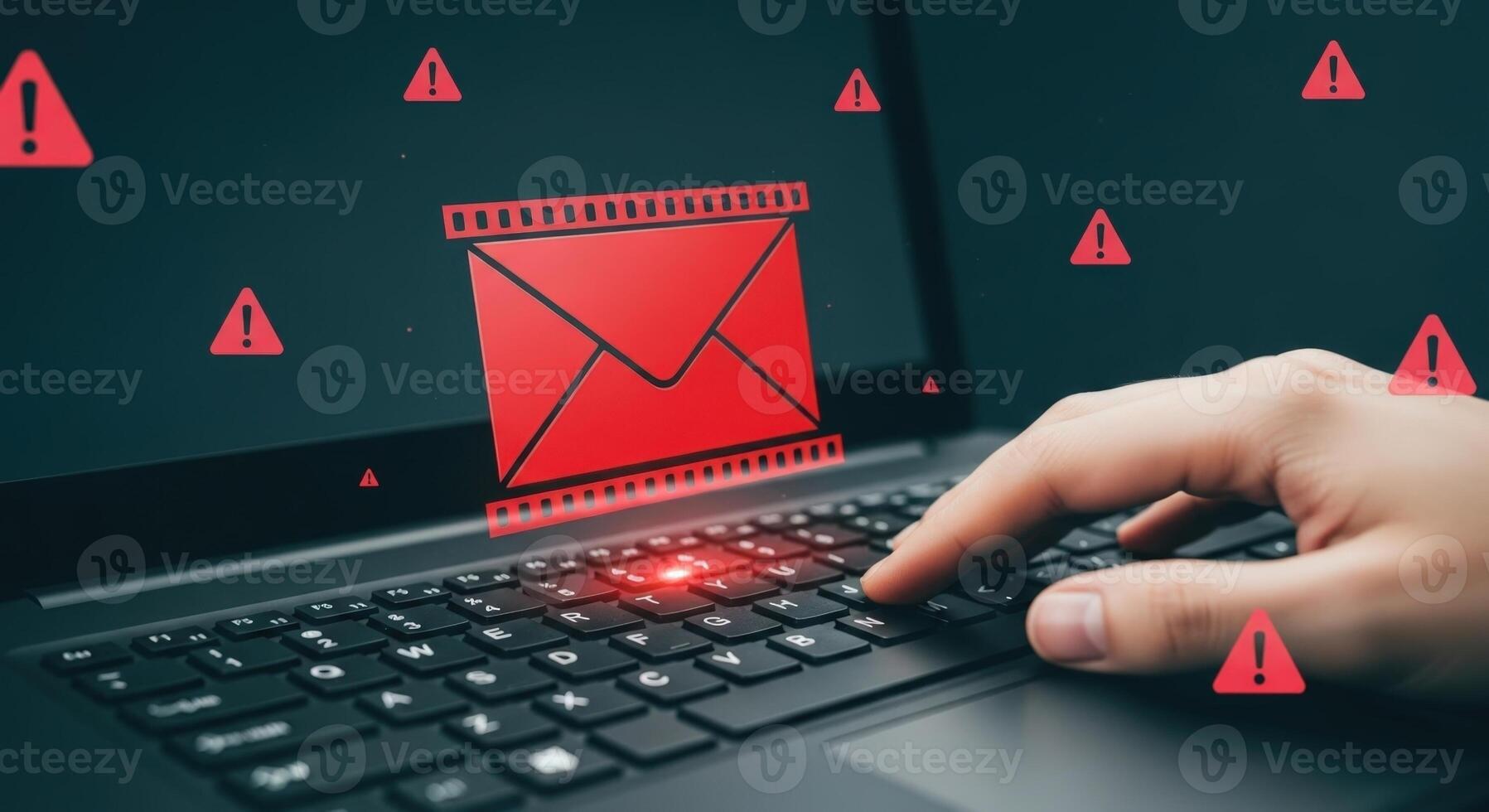 Hand on keyboard with alert icons and red envelope on screen indicating a potential security threat photo