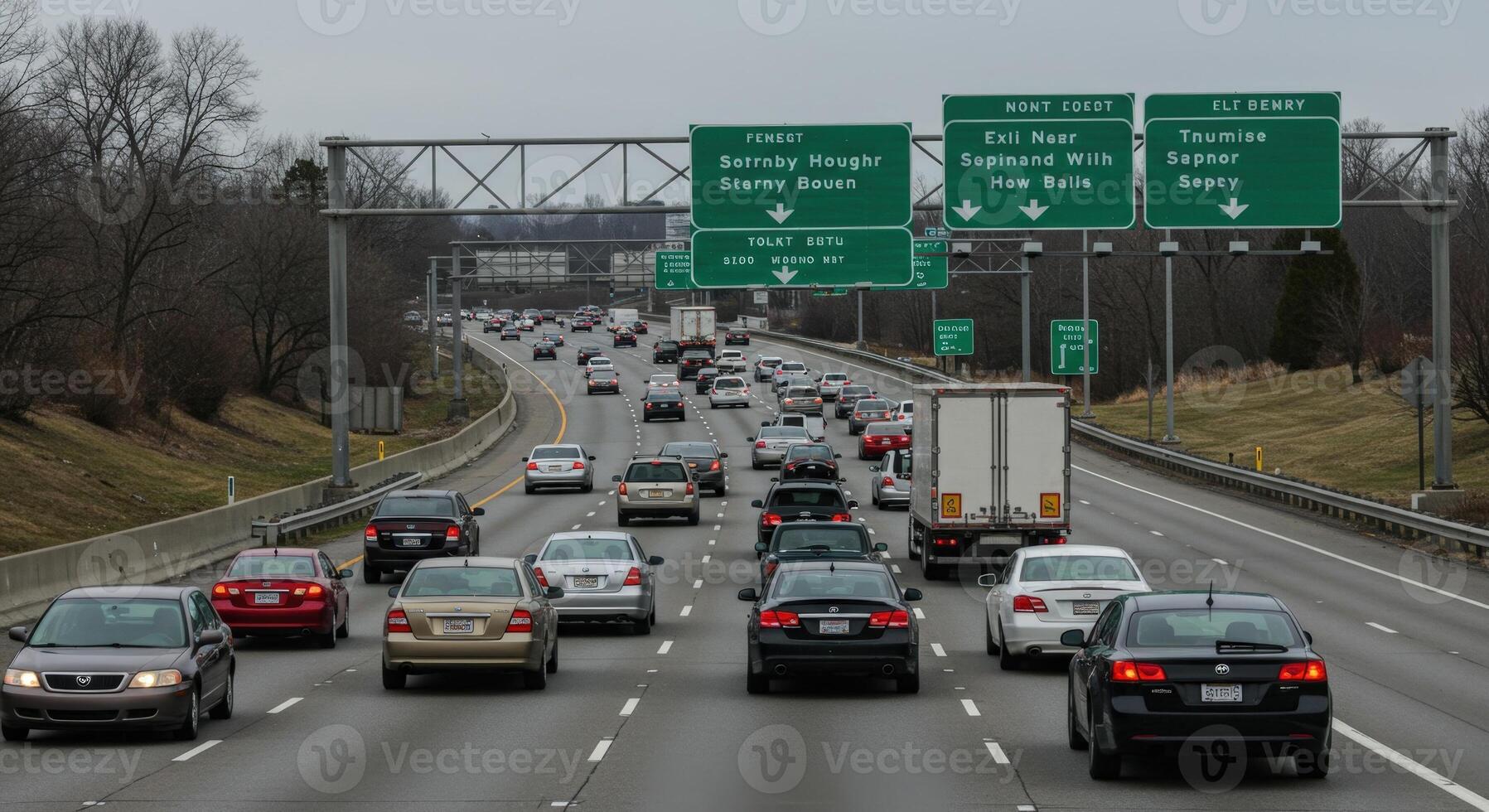 Highway with many vehicles traveling under green overhead exit signs on a cloudy day view photo