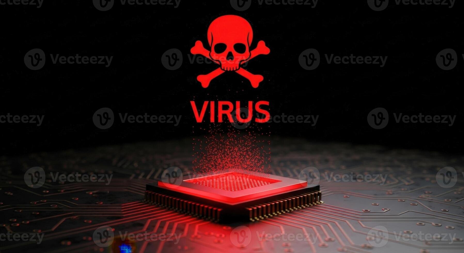 Red skull and crossbones above the word virus over a computer chip on a circuit board background photo