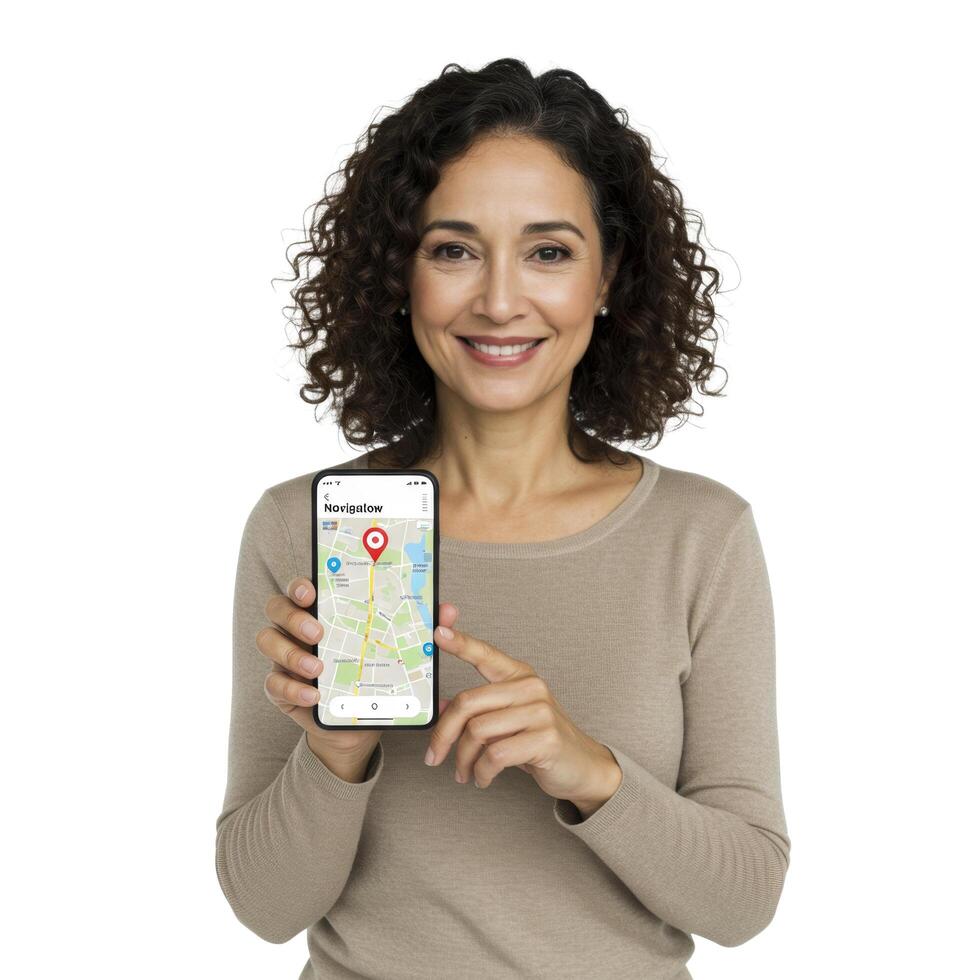 Woman smiling while presenting a smartphone displaying a map application on a white background photo