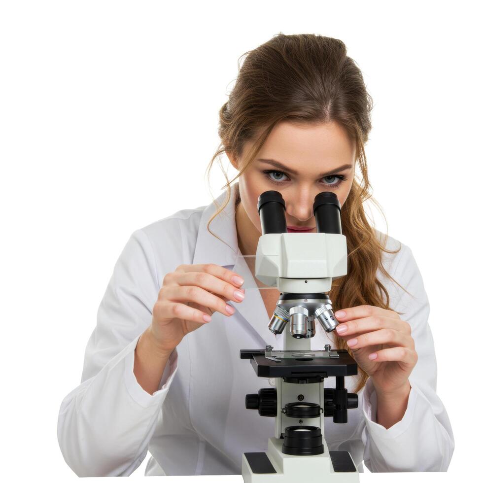 Woman in a lab coat examining a slide under a microscope in a laboratory setting against white background photo