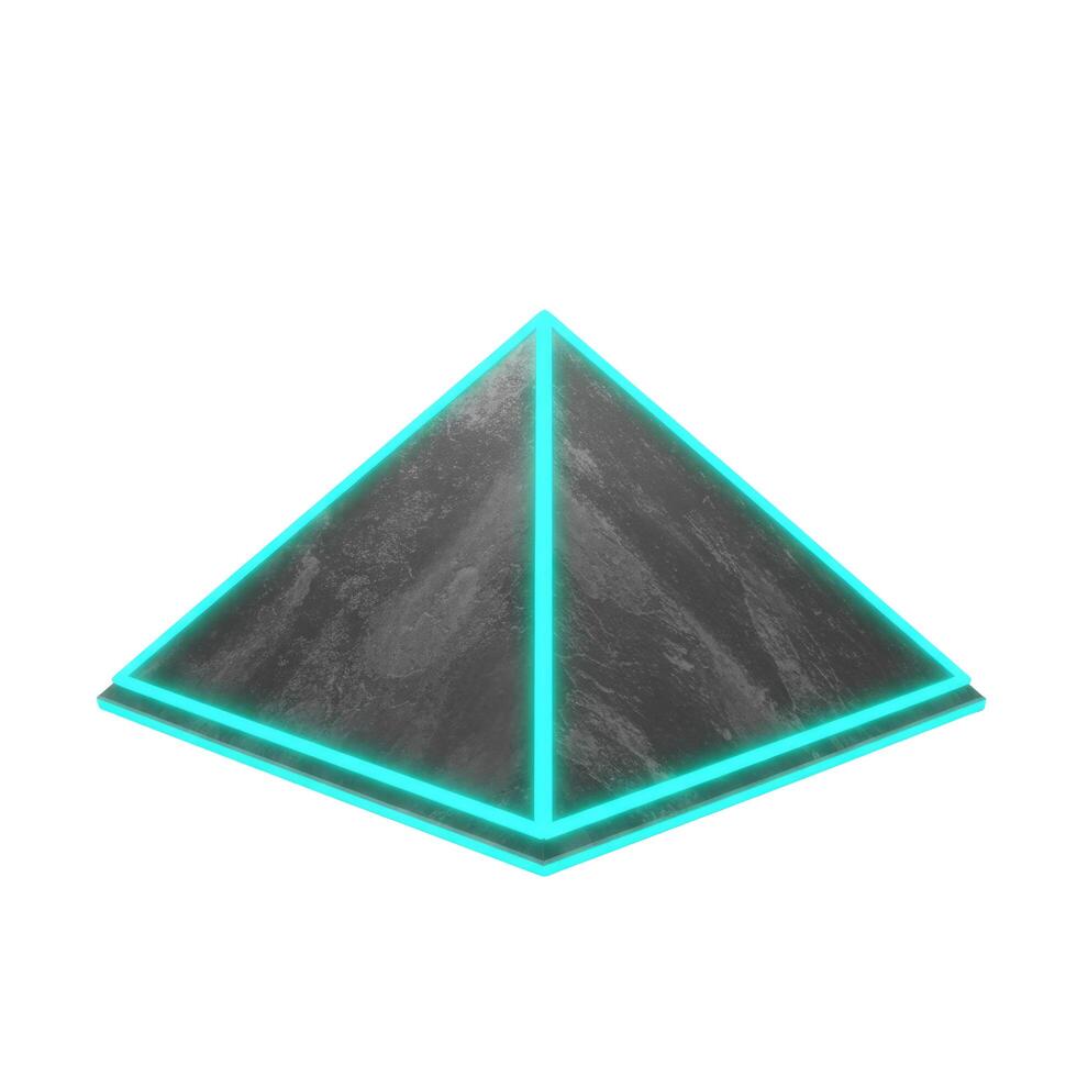A pyramid with a dark texture and bright blue lines on a white background in a digital rendering photo