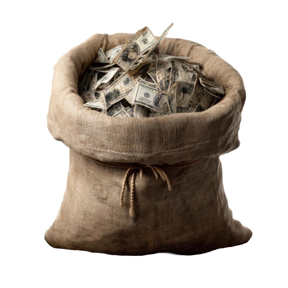 A sack filled with american currency on a white backdrop in a studio setting for financial concepts photo