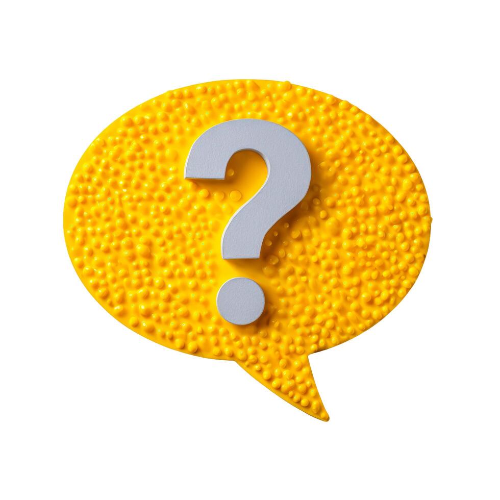 A yellow textured speech bubble with a gray question mark inside on a plain white background image view photo