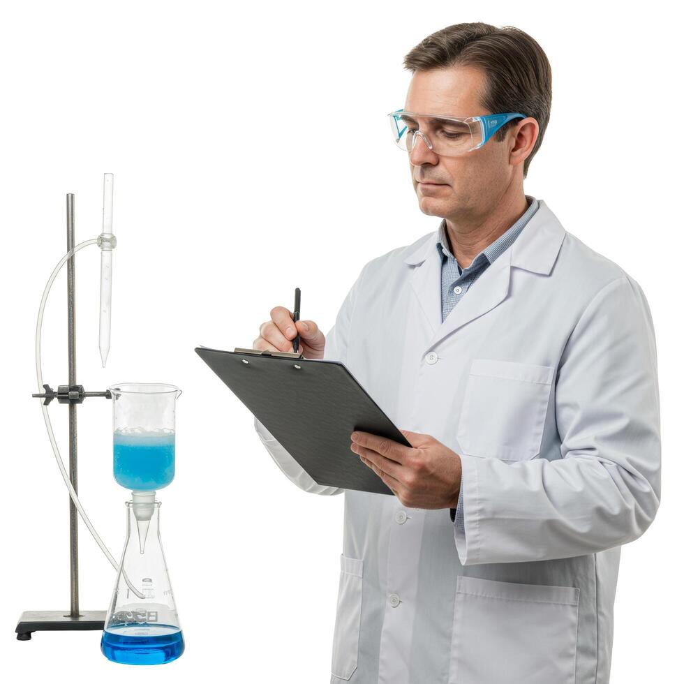 A scientist in a lab coat observes a filtration setup while taking notes on a clipboard in a laboratory photo