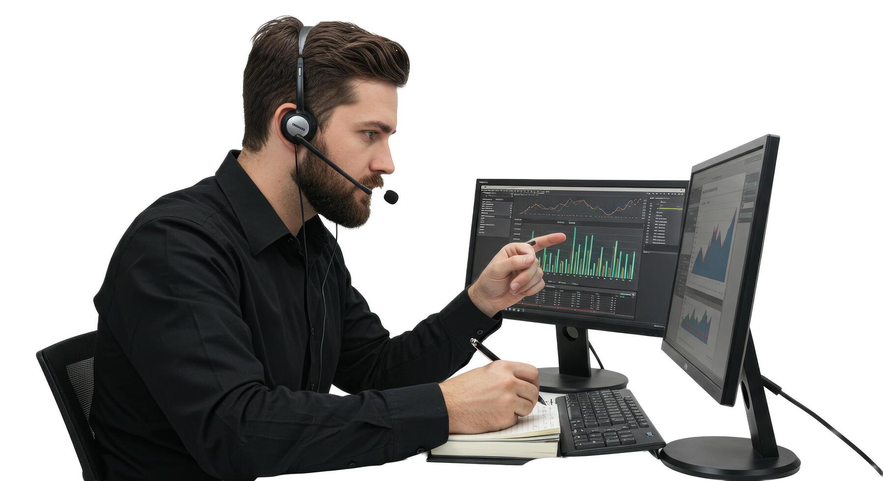Man with headset pointing at monitor displaying graphs while taking notes at a desk with computers photo