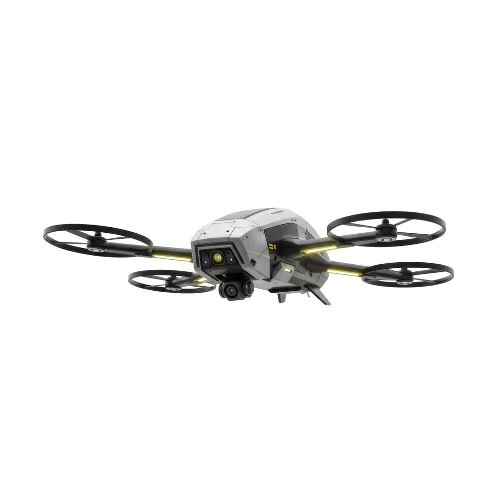Isolated view of a silver drone with black propellers on a white background in a studio setting photo